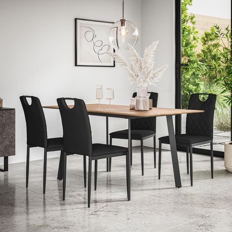 Haydon Extending Dining Table And Chairs - Oak Effect Table Top w Black Legs + Monza Faux Leather Dining Chair Set Of 6 (Black) (1/5)