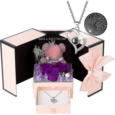 Rosenbär-Geschenkbox mit „Ich liebe dich“-Halskette – ewige Rosen als Geschenk für Mama, Freundin, Ehefrau zum Valentinstag, Weihnachten oder Muttertag (1/2)