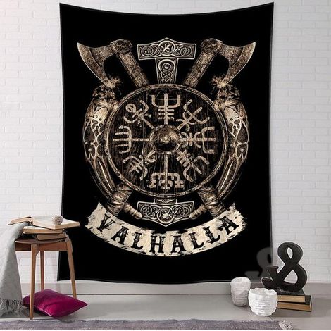 Viking Tapisserie Axes Marteau Valhalla Tenture Murale Mythologie Nordique Tapisserie Murale EsthéTique Petite Tissu Mural DéCoration Chambre150X130cm (1/5)