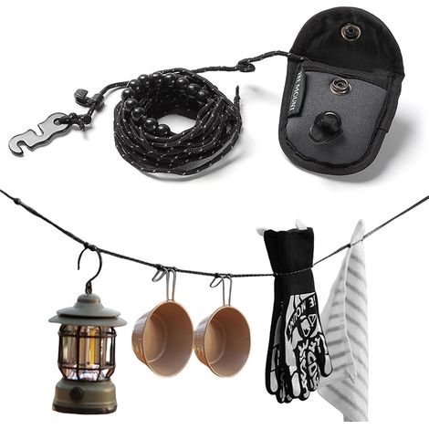 Corde à Linge Camping 300 cm, Fil a Linge Extérieur, Corde à Linges Rétractable, avec 12 Perles et Sac de Rangement, pour Voyages, Camping-Car, Fourgon Aménagé et Balcon(Noir)