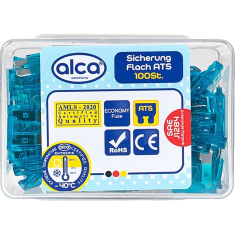 alca® Flach-Sicherungen 15 A 100 St. Economy Box blaue Auto Flachsicherungen Schmelzsicherung für Caravan Traktor Bus Motorrad Kfz Pkw Lkw etc.