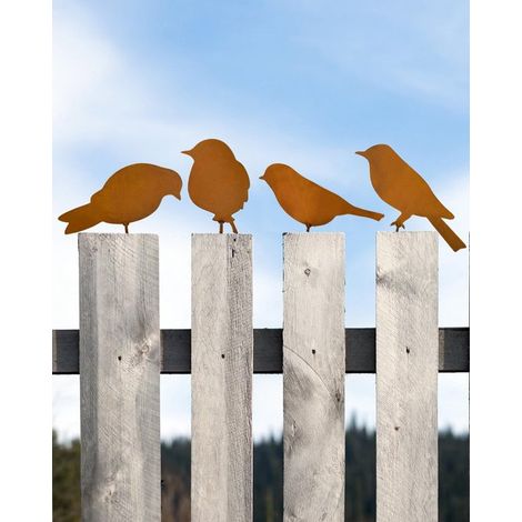 Lot de 4 oiseaux en métal patiné – 16,5 x 12 cm – Brun et rouille – Décoration de jardin rustique (1/5)