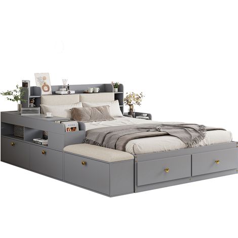 Lit combiné en bois massif 140200cm, tête de lit avec compartiment de rangement intégré, avec tiroirs, avec table de chevet, avec grande armoire de rangement, avec banquette, lit double avec rangement