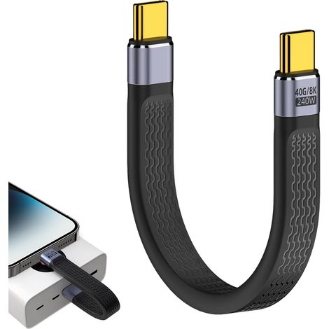 Câble USB C 4.0 Court 240W, Type-C USB-C, Mâle au mâle, 40Gbps Transfert de Données, 8K@60Hz Vidéo, Plat Mince FPC Câble, Charge Rapide, Compatible avec MacBook, Smartphones, Tablettes(13cm/5.1in)