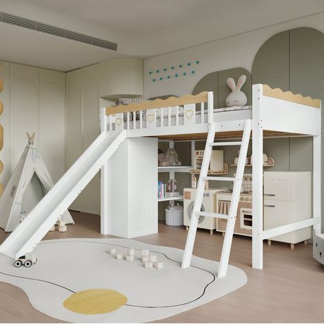 Lit mezzanine enfant avec toboggan, armoire et meuble de rangement, bois massif+MDF blanc/naturel 90x200 cm (1/5)