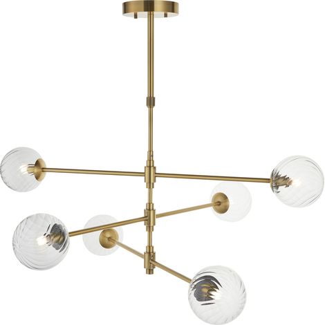 Merano Rome Plafonnier suspendu multi-bras en laiton vieilli brossé et verre transparent, 6 LED G9 de 3,2 W, blanc lumière du jour (1/5)