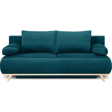 Homifab – Canapé convertible 3 places avec coffre de rangement – Velours Oeko-Tex bleu canard – Couchage 138x186 cm – Coussins déhoussables (1/5)