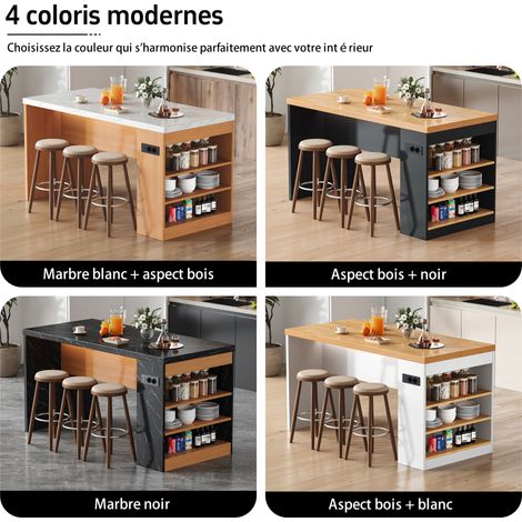 Îlot de cuisine 155x80x90 cm avec éclairage LED, prises 2xAC+2xUSB, plan de travail MDF 40 mm, 3 étagères ouvertes (1/5)