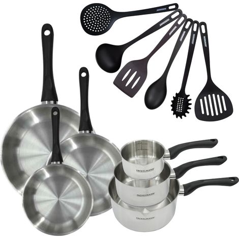 Set 3 poêles 20 24 et 28 cm 3 casseroles 12 16 et 20 cm en inox et 6 ustensiles Fackelmann Geneva (1/5)