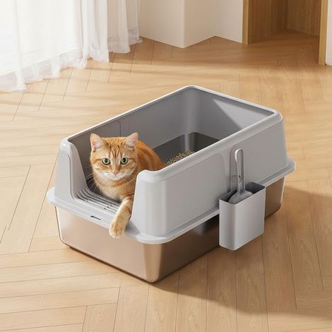 Bac à litière pour chat en acier inoxydable – Couvercle inclus, bords hauts anti-éclaboussures, facile à nettoyer, inodore – Avec pelle et tapis – Idéal chats moyens/grands, résistant aux chiens – Cou (1/5)