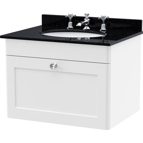 Swynnerton Traditional 1 Drawer Wall Hung Vanity Unit with Marble Basin, Satin White, 600mm