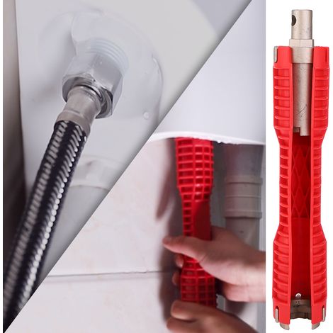 Clé à robinet multifonctionnelle rouge à double tête pour installation dans la salle de bain, compatible avec les modèles 1/4 po, 3/8 po, 1/2 po et 3/4 po. (1/5)