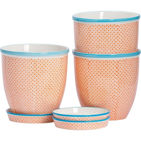 Pot à fleurs en faïence, plateau goutte-à-goutte, imprimé orange/bleu, Ø 203 mm, lot de 3 (1/5)
