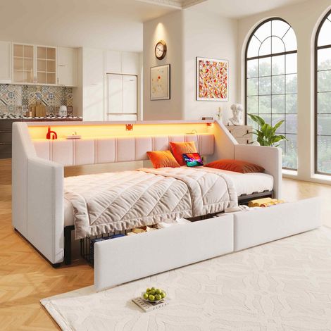 Lit banquette 90x200 cm avec lit gigogne 180x200, LED, USB Type-C, 2 tiroirs, poches de rangement, sommier inclus, sans matelas (1/5)