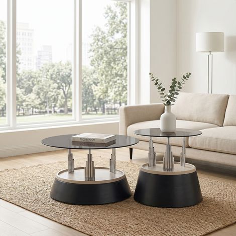 Mesas de Centro Redondas con Tablero de Vidrio Templado y Estructura Metálica, Set de 2, para Salón, 73.5×73.5×34.0 cm (1/5)
