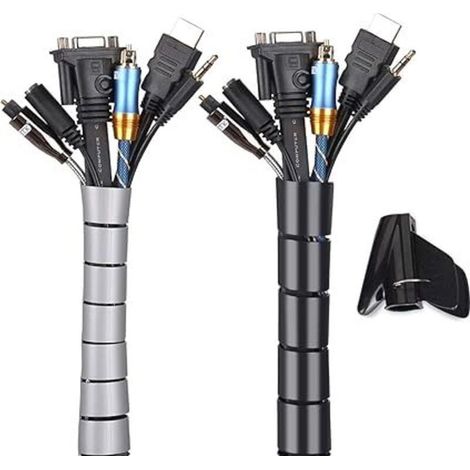 Noir et Gris, Cache Cable 2 Pack, Flexible Range 2x3M PE Câble Rangement Organisateur de Câble pour Ranger ou Cacher les câbles, Gaine pour câbles (2.8cm diamètre et 2.2cmdiamètre ) , Organisateur (1/4)