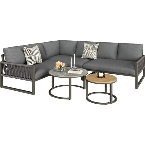 Ensemble Salon de Jardin,Canapé d'angle Jardin 6 places,Table basse Métal Pieds réglables,Mobilier de jardin Moderne,Gris (1/5)