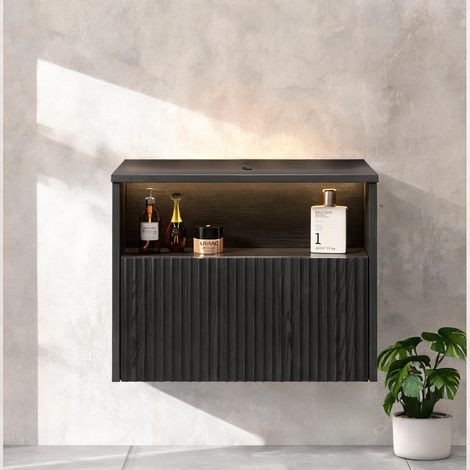 Meuble de salle de bain suspendu 60 cm bois massif noir (1/5)
