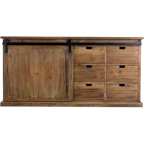 Buffet en bois recyclé, 6 tiroirs et 1 porte coulissante - SARI