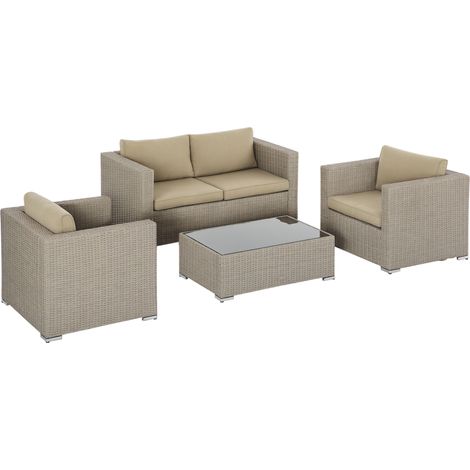 Set 4 Pz Salotto da Esterni in Rattan con 1 Divano, 2 Poltrone e 1 Tavolino, Kaki e Beige