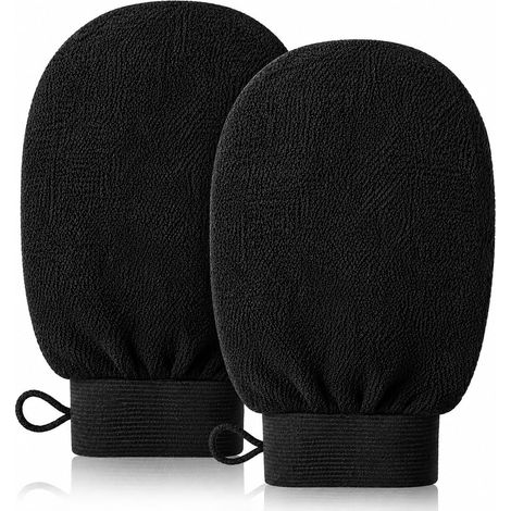 Gants exfoliants noirs pour hammam, accessoire de bain réutilisable pour le corps et le visage, nettoyage en profondeur, élimine les cellules mortes avec ou sans savon, noirs (1/5)