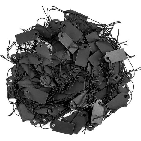 200 étiquettes de prix noires avec élastique, 1,2 x 2,6 cm, étiquettes de prix pour bijoux, papier kraft inscriptible pour bijoux, vêtements, bagues, colliers, etc. (1/5)