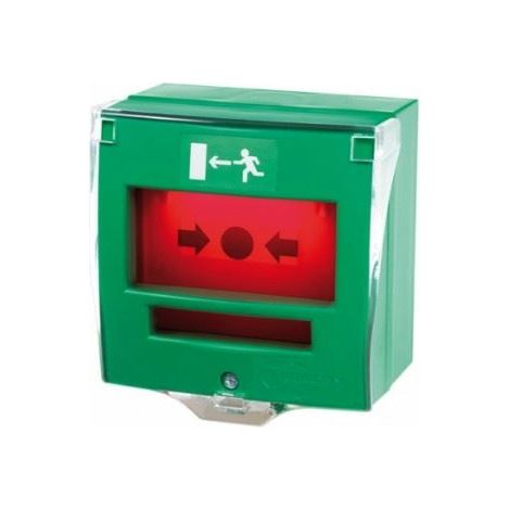 Déclencheur manuel vert 2 contacts avec capot + buzzer et LED / déverrouillage d'issue de secours (1/2)