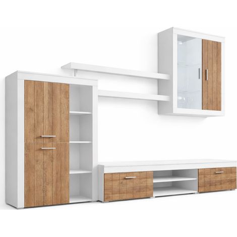 Parete Attrezzata Da Soggiorno Salotto Moderna Con Ante Mensole Vani A Giorno Vetrinetta Mobile TV Design Moderno Moduli Sospesi 293 x 193 x 50 Cm Bianco E Noce - Colore: Bianco e Noce