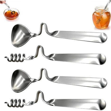 Set mit 4 Honiglöffeln aus Edelstahl, spiralförmig für Honig- und Marmeladengläser, tropffrei, multifunktional für Joghurt und Marmelade. (1/5)
