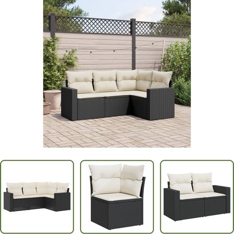 Canapé extérieur - Salon de jardin 4 pcs avec coussins noir résine tressée (1/5)