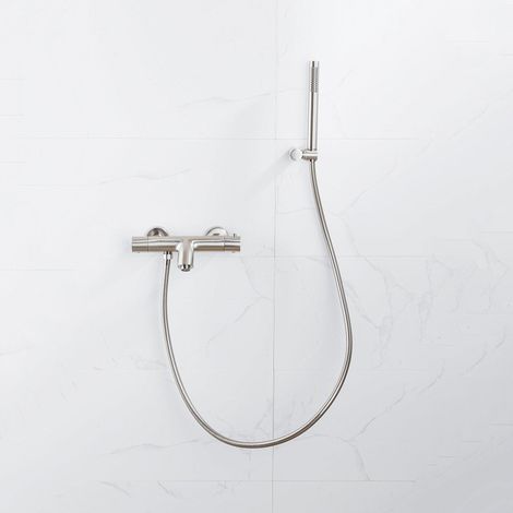 FugaFlow Eccelente Sobrado Robinet de baignoire thermostatique avec douchette stick, support et flexible lisse Inox brossé PVD (1/4)