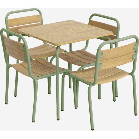 Mesa de jardín infantil de acero y decoración de madera con 4 asientos