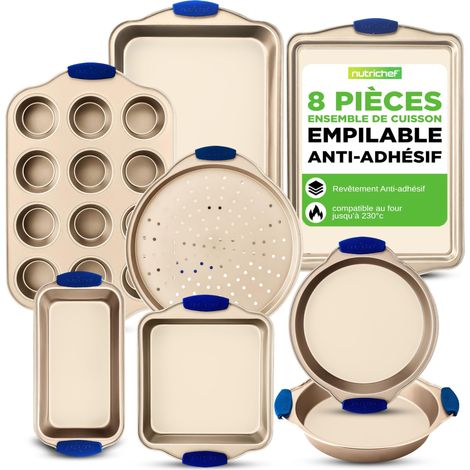 Plaques à Pâtisserie de Cuisine - Set d'Ustensiles de Pâtisserie avec Revêtement Doré Antiadhésif à l'Intérieur et à l'Extérieur, Acier au Carbone avec Poignées en Silicone Bleue, Durable (1/5)