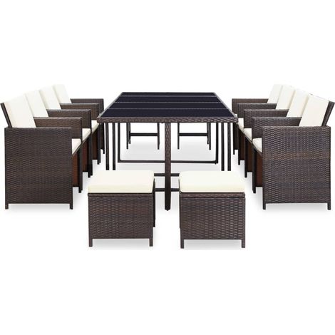 Ensemble Table et Chaise de Jardin pliable Salon de jardin 13 pcs encastrable et coussins Rotin Marron 82144 (1/5)