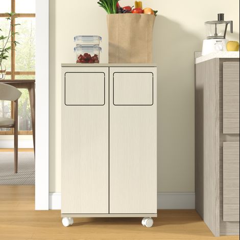 Armoire à déchets, meuble de tri des déchets à 2 compartiments, meuble de cuisine à roulettes aspect bois clair, meuble à 2 portes avec roulettes blanches, pour cuisine et salle à manger, 46,7x35x80cm (1/5)