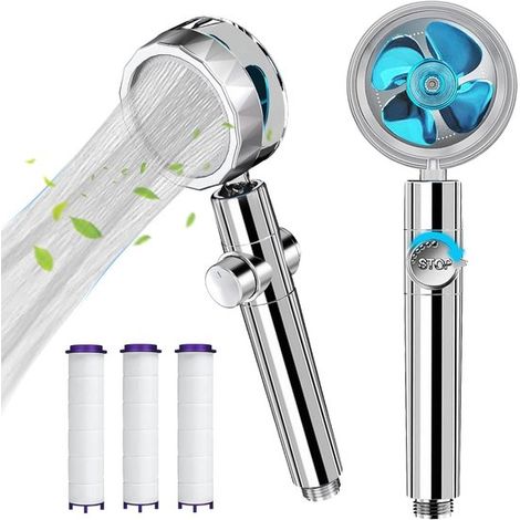Hochdruck Duschkopf mit 360 Grad Drehturbofüfter, Hydrojet Duschkopf mit 3 Turbofiltern (blau) (1/5)
