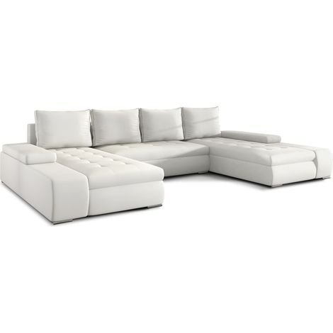 Les Tendances – Canapé panoramique convertible en simili cuir blanc – 6 places – Dimensions L 363 x P 200 x H 88 cm – Coffre de rangement intégré