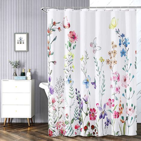 Rideau de douche avec 12 crochets à fleurs - En polyester - Imperméable - Pour salle de bain - Ourlet lesté - Lavable en machine - Séchage rapide - 180 x 200 cm (1/5)