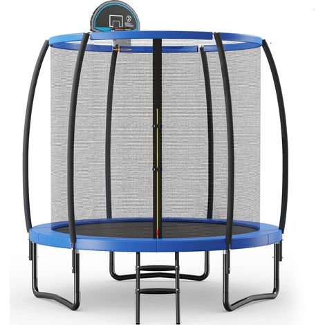 COSTWAY Trampolín al Aire Libre 244 cm, Cama Elástica con Aro de Baloncesto, Red de Protección, Almohadilla de Seguridad y Escalera, Baloncesto y Bomba de Pelotas Incluidos (1/5)