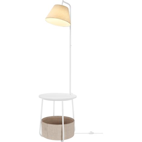 Lampe sur Pied 3-en-1, avec Table d’Appoint, Panier en Tissu, Lampadaire, Abat-Jour Orientable, Acier, Blanc