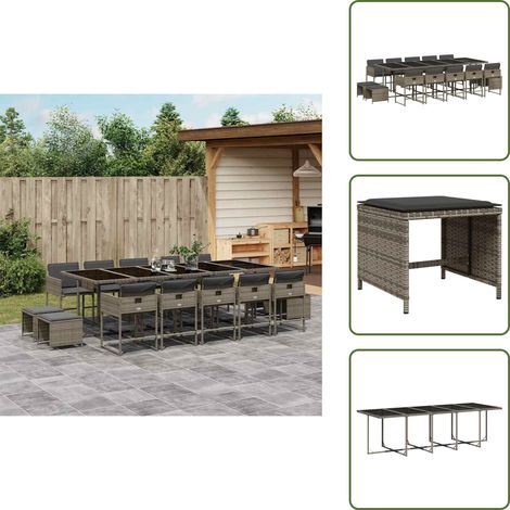The Living Store 15-tlg. Garten-Essgruppe mit Kissen Grau Poly Rattan - Gartenmöbel Set - Gartentisch - Gartenstühle - Gartenhocker - Rattan Möbel