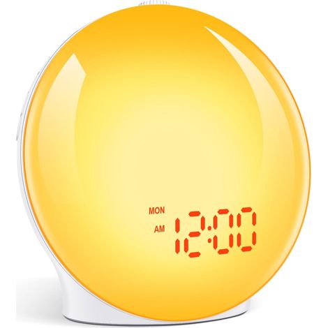 Lichtwekker, Daglichtwekker met simulatie van zonsopgang en zonsondergang, wekker met lichtfunctie met dubbele alarmen, 7 natuurlijke geluiden en FM-radio, lichtwekker met snoozefunctie [Energieklasse (1/5)