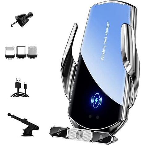 Wireless Car Phone Holder 15W,Fast Charging,TypeC/MicroUSB  Auto Induction Charger with Magnetic Heads, Phone Holder Ventilation/Dashboard, Fast Charging (Silver) (1/5)