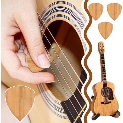 Boîte à médiators en bois avec 3 médiators, mini boîte de rangement pour guitaristes, étui à médiators en bois gravé pour musiciens, boîte pour guitare acoustique, basse électrique et ukulélé. (1/5)