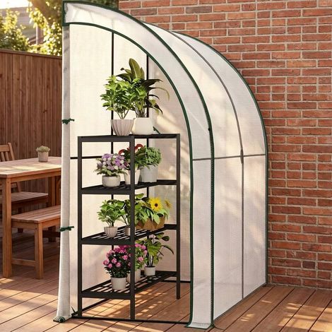 Serre de jardin adossée 200x100x210 cm blanche en métal et polyéthylène avec 2 portes relevables (1/4)