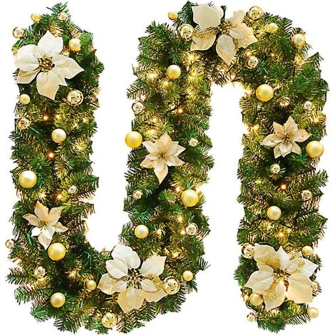 Guirlande de Noël, 270cm Guirlande Sapin Artificiel avec lumières, Guirlande Sapin Artificiel,Couronne de noël, cheminée, Portes, fenêtres, escaliers(Or) (1/5)