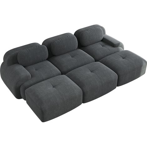 Canapé modulable 3 places avec 3 poufs en tissu velours côtelé gris, structure sans cadre, design ergonomique (1/5)