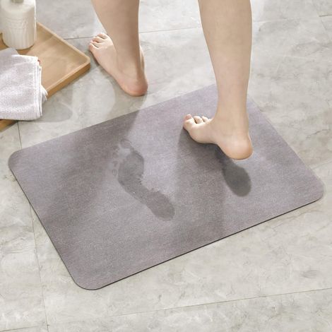 Tapis de bain antidérapant 45 x 75 cm, tapis de bain en terre de diatomées, tapis de bain triple couche ultra-absorbant pour salle de bain et salon, tapis de bain gris lavable (1/5)