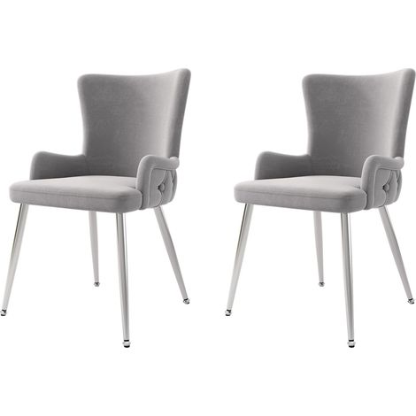 Juego de 2 sillas de comedor minimalistas modernas de terciopelo gris con cuatro patas de metal plateado, ideales para oficina en casa, sala de estar y dormitorio. (1/5)