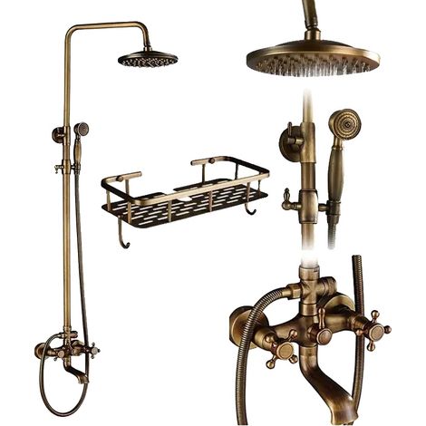 Kit de ducha de latón antiguo, diseño de doble manija, función de altura ajustable, soporte de latón antiguo C (1/2)